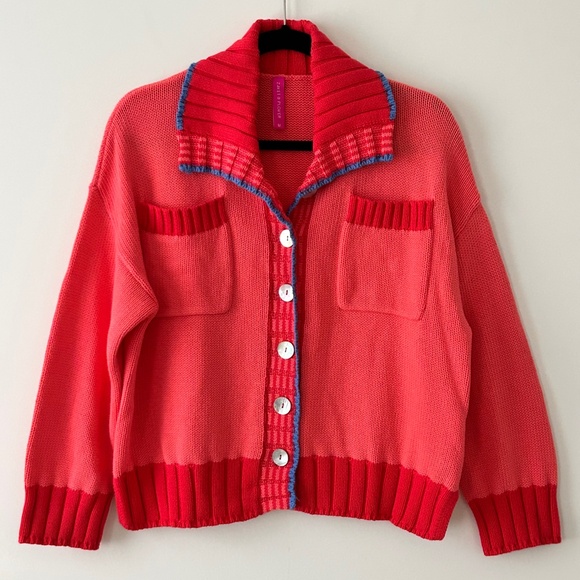 Zaket & Plover 100% Cotton Collared Button Up Coral Cardigan - Picture 1 of 16